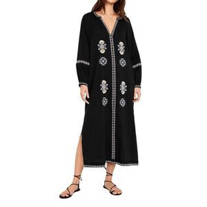 Old Navy Women's Long Sleeve Black Embroidered Boho Peasant Dress Travel Sz L
